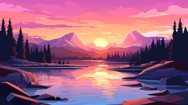 Een zonsondergang boven een meer met bergen op de achtergrond