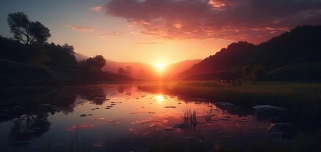 Een zonsondergang boven een meer met bergen op de achtergrond