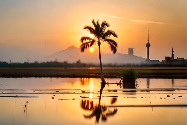 Een zonsondergang boven een rijstveld met een palmboom op de voorgrond