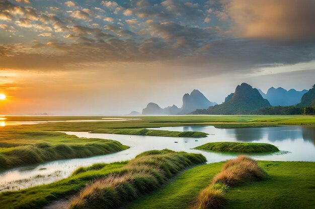 Foto een zonsondergang boven een rivier met een berg op de achtergrond