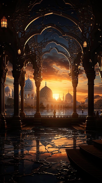 Een zonsondergang boven een tempel met een silhouet van een moskee op de achtergrond