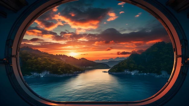 een zonsondergang gezien door een patrijspoortraam van een schip Venster uitzicht vanuit het scheepsraam