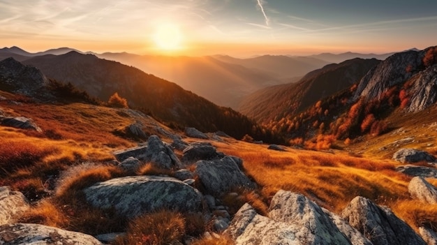 Een zonsondergang in de bergen met daarachter de ondergaande zon Generatieve AI