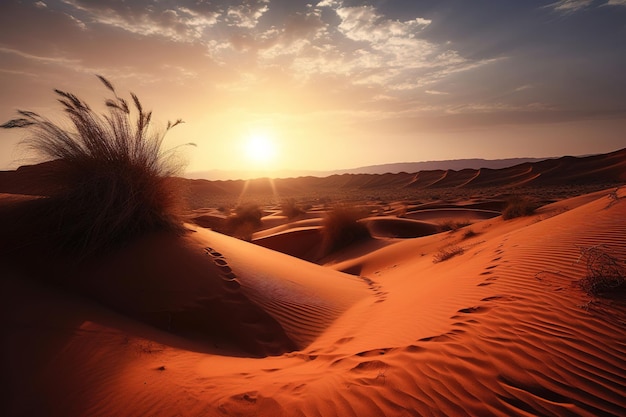 Een zonsondergang in de Saharawoestijn