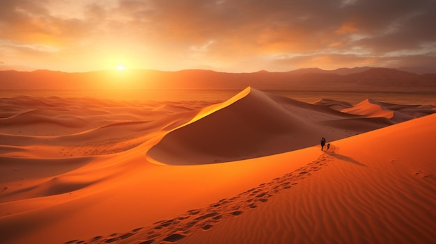 Een zonsondergang in de woestijn met een persoon die op een zandduin loopt.