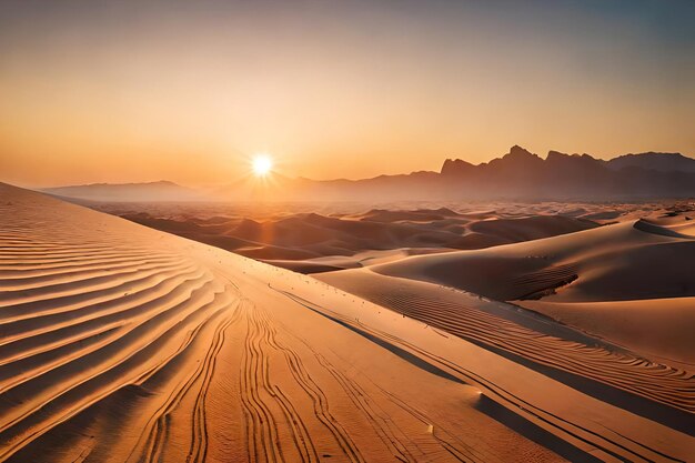 Een zonsondergang in de woestijn met zandduinen en bergen op de achtergrond