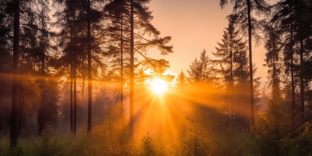 Een zonsondergang in het bos met de zon die door de bomen schijnt