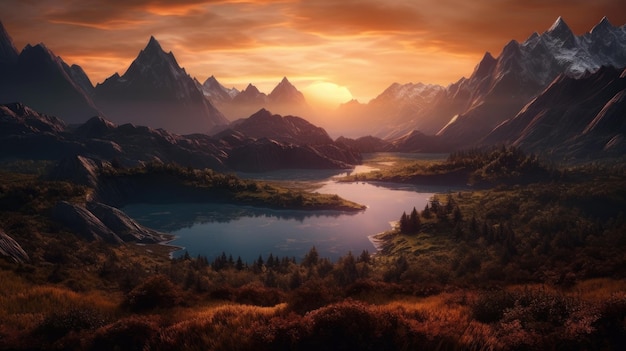Foto een zonsondergang met bergen en een meer op de voorgrond