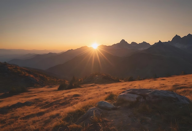 een zonsondergang met bergen op de achtergrond en een bord dat zegt: "De zon gaat onder"