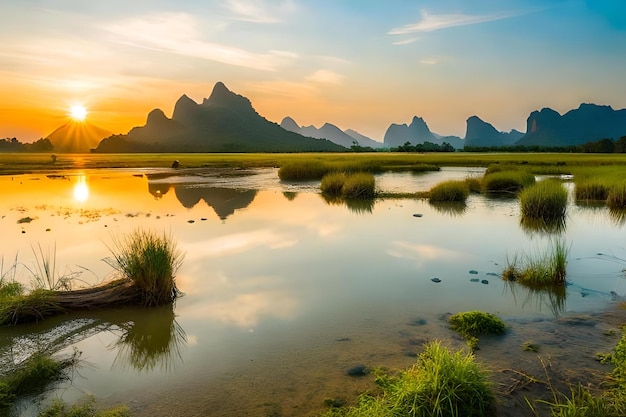 Een zonsondergang met bergen op de achtergrond