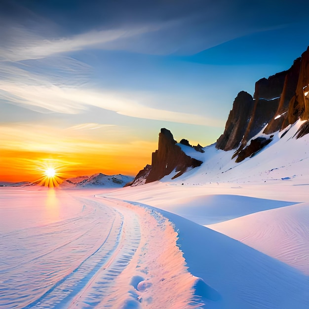 Een zonsondergang met een besneeuwde berg en een zonsondergang met een blauwe lucht en een paar wolken.