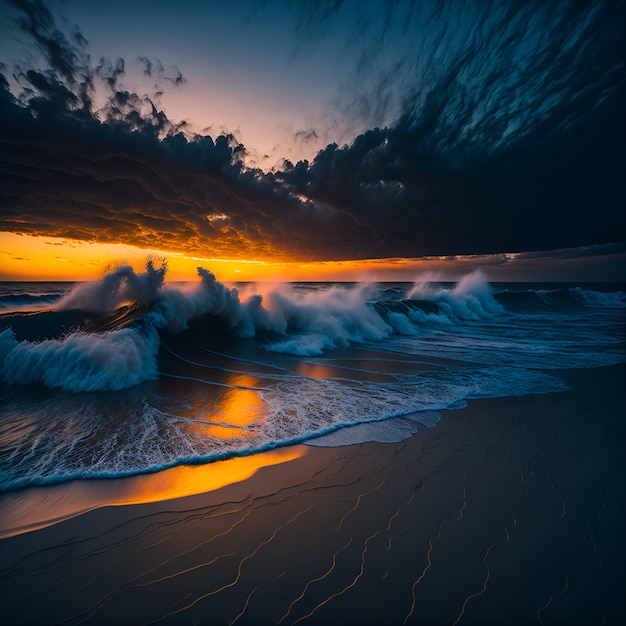 Een zonsondergang met een bewolkte lucht en golven op het strand.