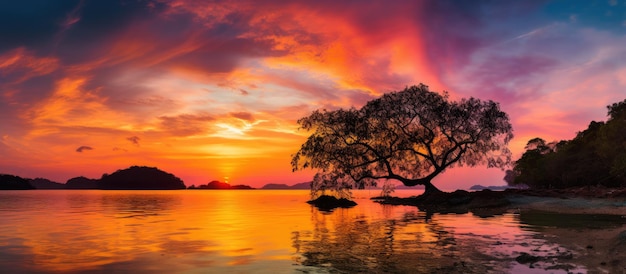 Een zonsondergang met een boom in het water