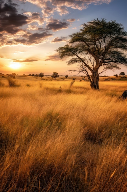 Een zonsondergang met een buffel in het gras