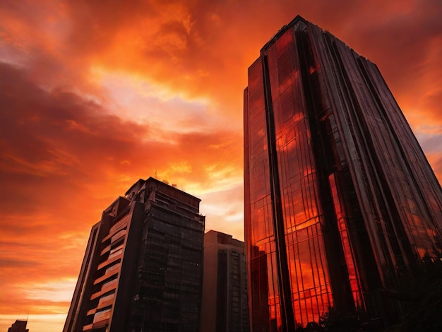 Foto een zonsondergang met een gebouw en een rode hemel