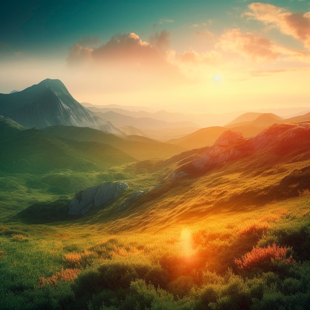 Een zonsondergang met een groen veld en bergen op de achtergrond