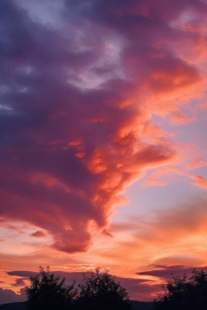 Een zonsondergang met een grote wolk in de lucht boven een veld