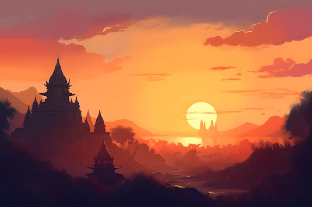 Een zonsondergang met een kasteel op de voorgrond