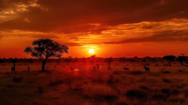 Een zonsondergang met een kudde giraffen op de voorgrond