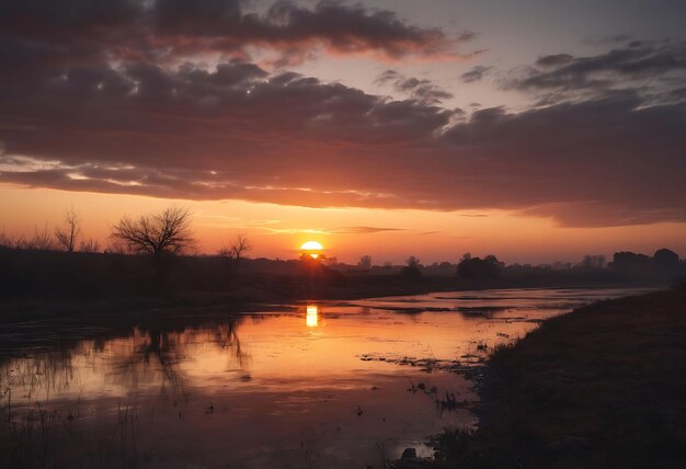 een zonsondergang met een meer en een paar eenden in het water