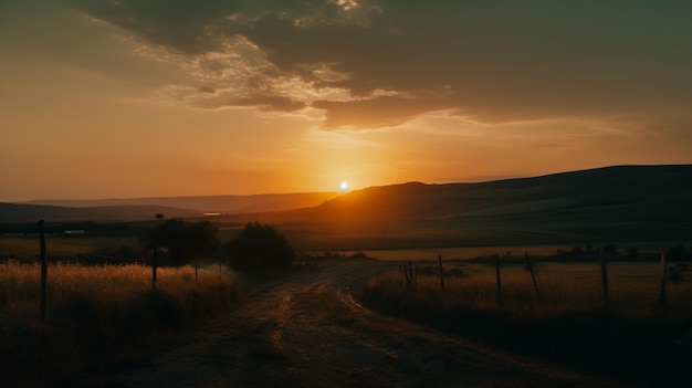 Een zonsondergang met een onverharde weg en een zonsondergang op de achtergrond