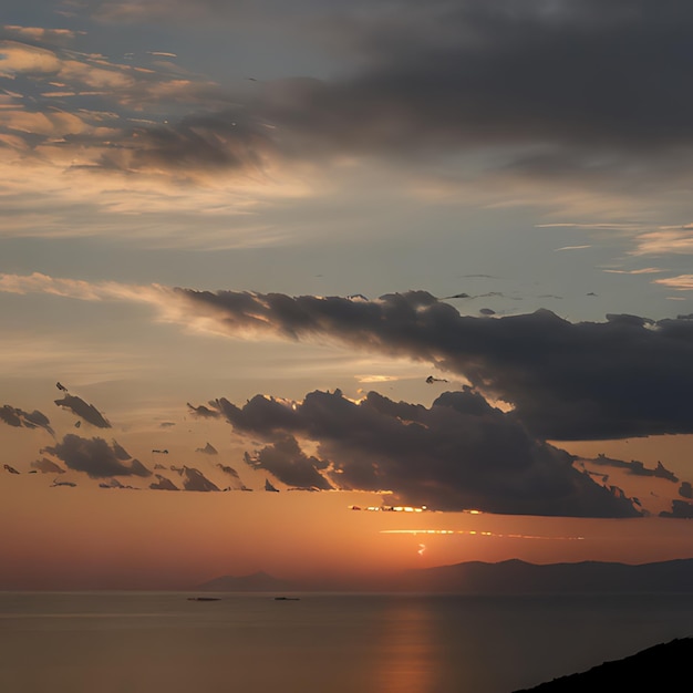 een zonsondergang met een paar wolken en een schip op de achtergrond