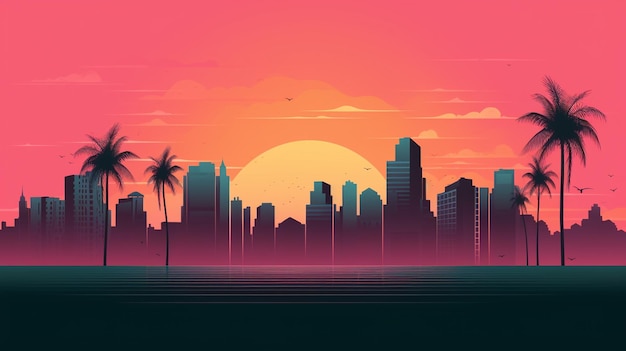 Een zonsondergang met een palmboom aan de horizon.