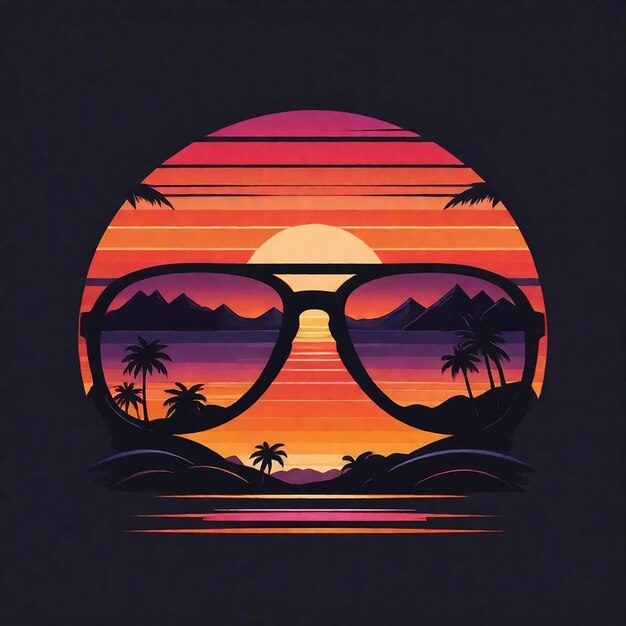 een zonsondergang met een palmboom en zonnebril op de top