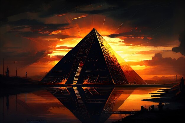 Een zonsondergang met een piramide in het midden.