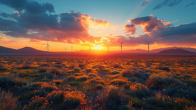 een zonsondergang met een rij windmolens op de achtergrond