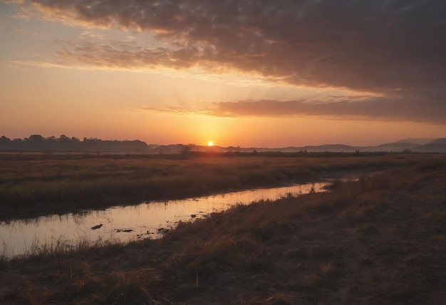 Een zonsondergang met een rivier en een zonsondergang op de achtergrond