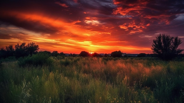 Een zonsondergang met een rode lucht en wolken