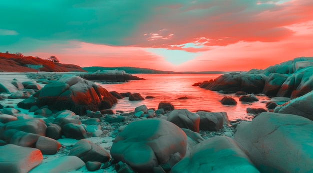 Een zonsondergang met een rood en groen filter over het water.