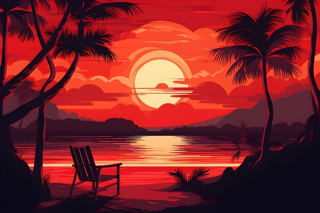 Een zonsondergang met een stoel op het strand