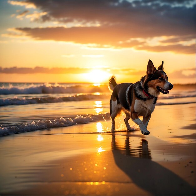 Een zonsondergang met een strand en een hond die op het strand loopt.