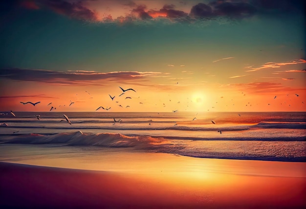 Een zonsondergang met een zeemeeuw die over de oceaan vliegt.