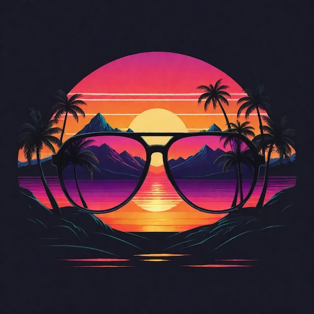 een zonsondergang met palmbomen en bergen op de achtergrond