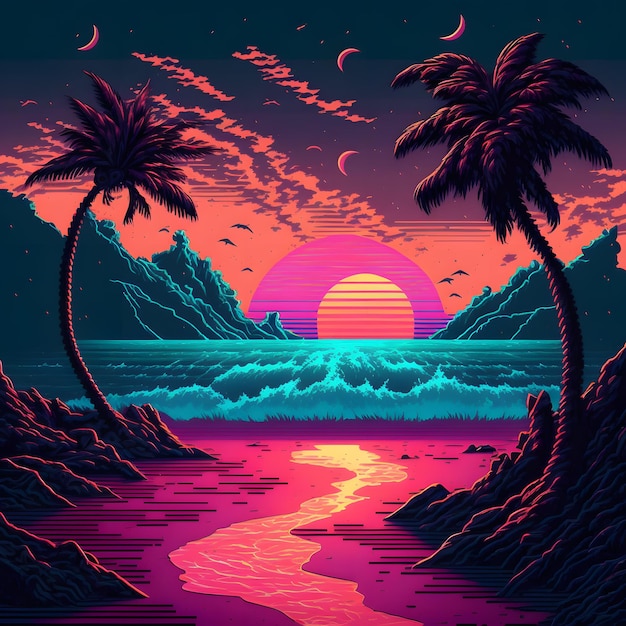 Een zonsondergang met palmbomen en de zon aan de horizon
