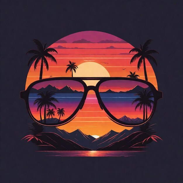 een zonsondergang met palmbomen en een zon op de achtergrond