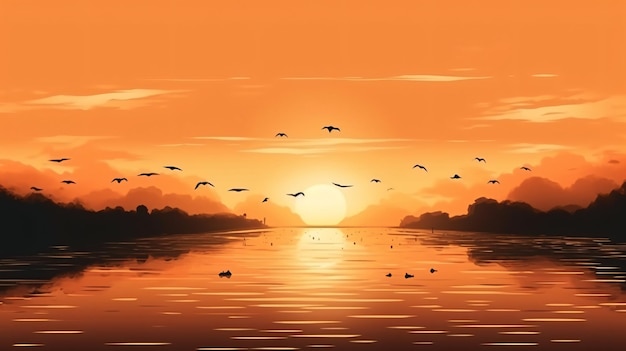 Een zonsondergang met vogels die over het water vliegen