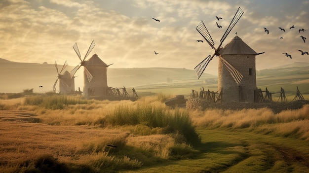 Een zonsondergang met windmolens en vogels in de lucht