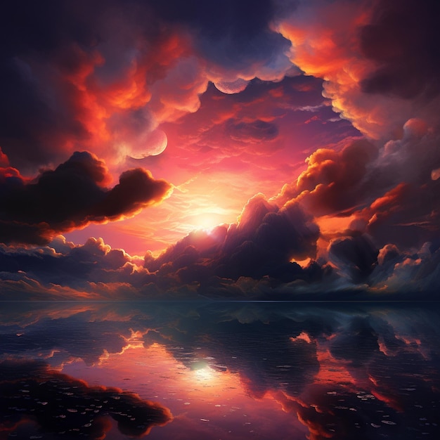 Een zonsondergang met wolken en de zon die weerspiegelt in het water.