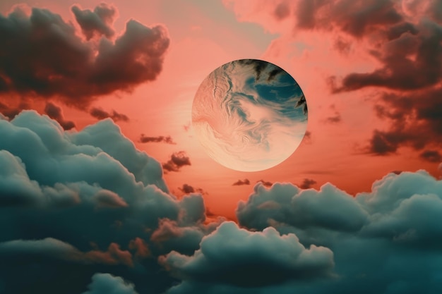 Een zonsondergang met wolken en een planeet aan de hemel