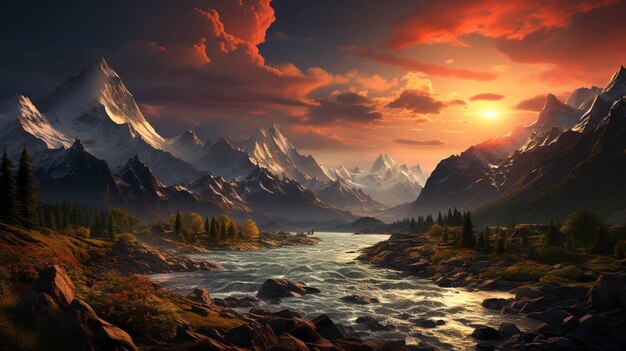 een zonsondergang moment bergketen achtergrond