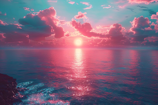 een zonsondergang op een kliftop bij de oceaan in de stijl van lichte turquoise en roze retro filters etherea