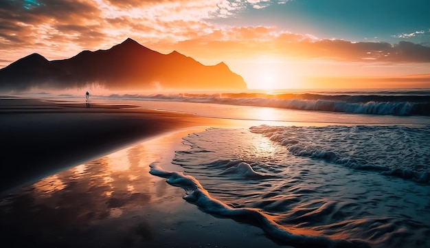 Een zonsondergang op het strand met bergen op de achtergrond