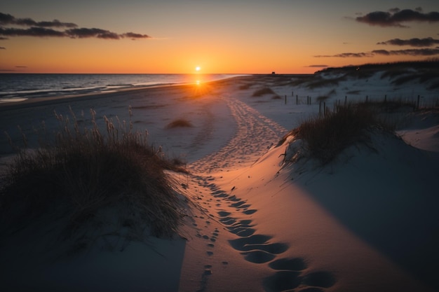 Een zonsondergang op het strand met daarachter de ondergaande zon