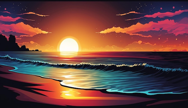 Een zonsondergang op het strand met een boot op de voorgrond