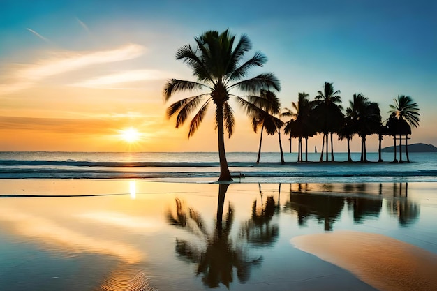 Een zonsondergang op het strand met palmbomen op de voorgrond