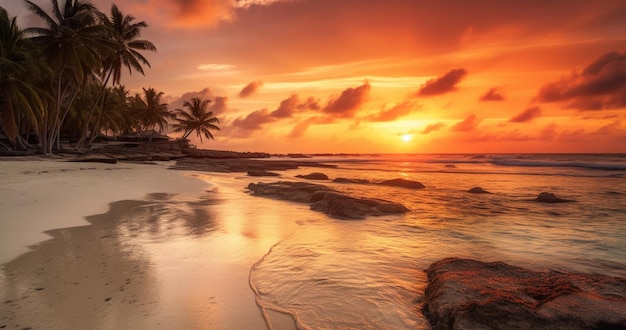 Een zonsondergang op het strand met palmbomen op de voorgrond